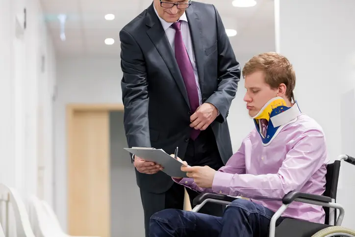 Stephen C. Carter, PC Attorney at Law | Hartwell, GA | patient wearing neck brace in wheelchair signing document in hopital